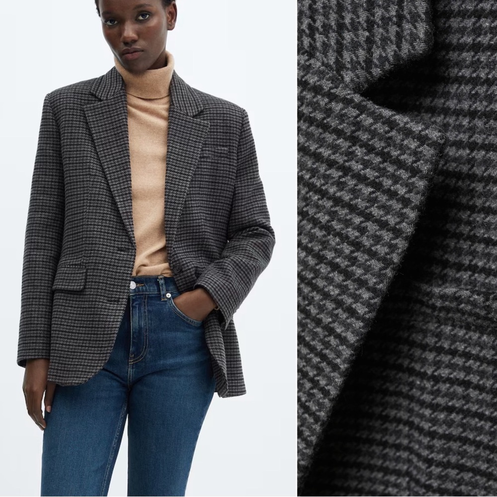 MANGO Gray Blue Classic Oversized Houndstooth Wool Cotton Blend Blazer Jacket M